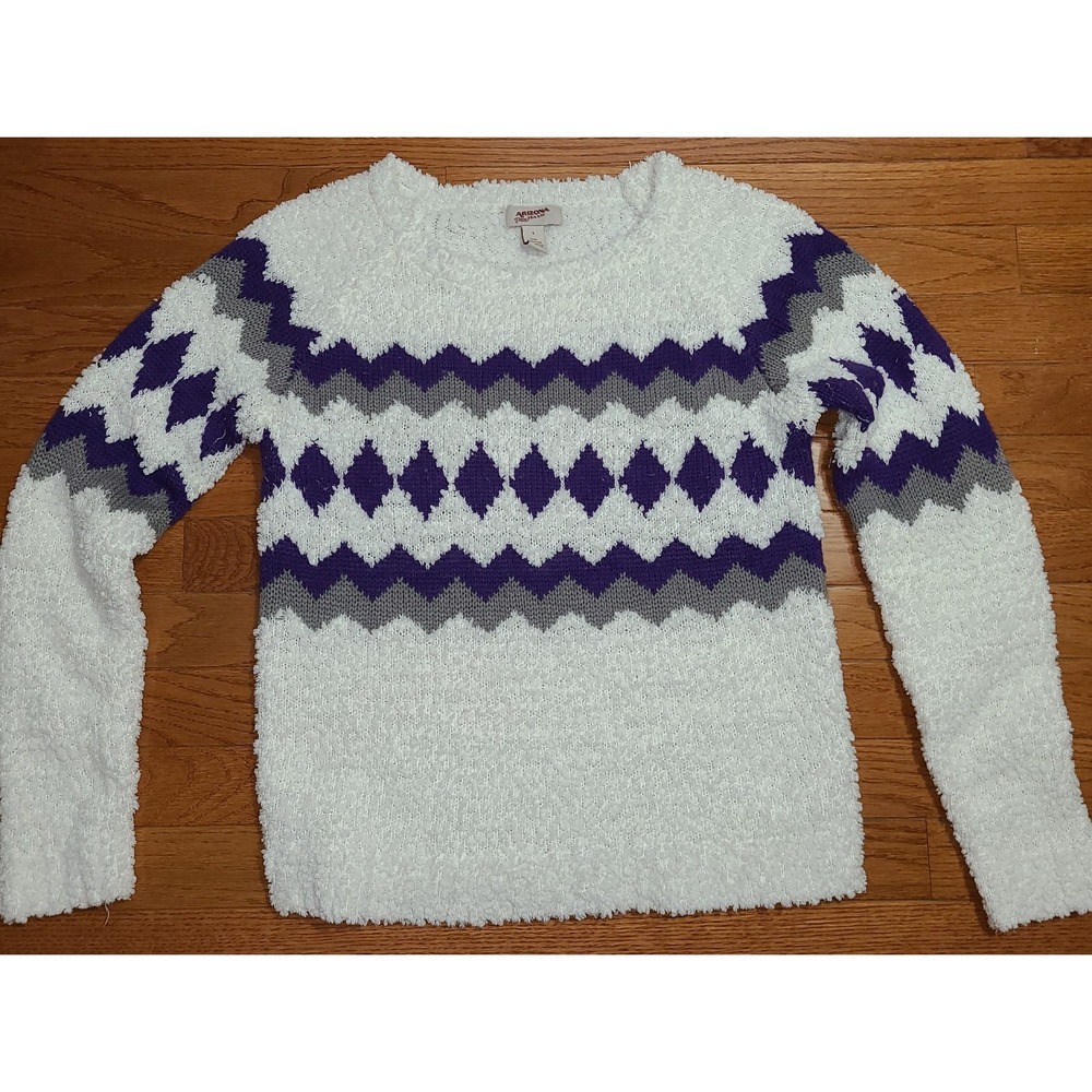 Arizona Jeans Co Popcorn size L white Purple Gray sweater Ski chalet Winter